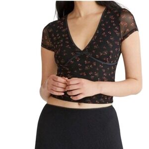 Y2K Coquette Mesh Rose Babydoll Top Baby Tee Medium Black Red Bow Whimsigoth